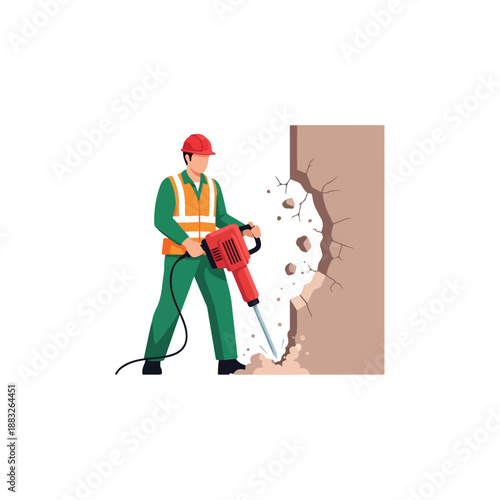 Construction Worker Demolishing Wall with Jackhammer.