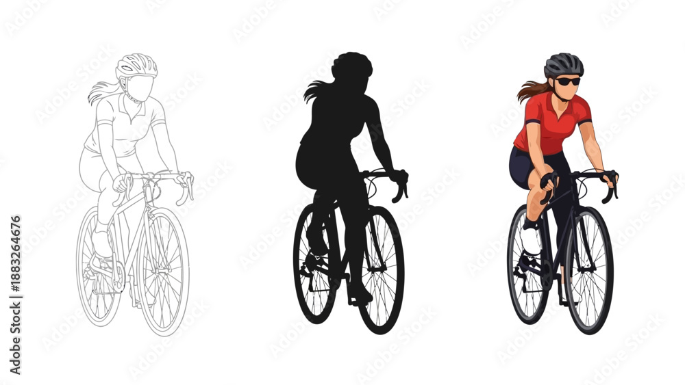 Obraz premium Set of three diverse graphic representations showing a female cyclist wearing a helmet and sunglasses actively riding a road bicycle design element