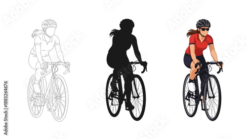 Set of three diverse graphic representations showing a female cyclist wearing a helmet and sunglasses actively riding a road bicycle design element