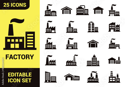 Factory Icon Set with industrial buildings, warehouses, smokestacks, manufacturing plants, office structures, production facilities