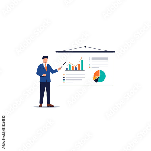 Businessman presenting financial data on a projector screen.