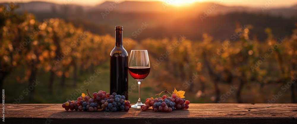 Fototapeta premium Vineyard scene featuring a bottle and glass of red wine with grapes during sunset