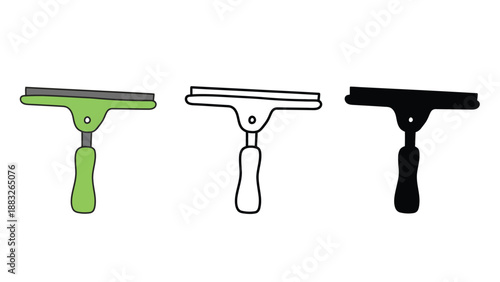 Three squeegees in different colors on a white background for cleaning purposes