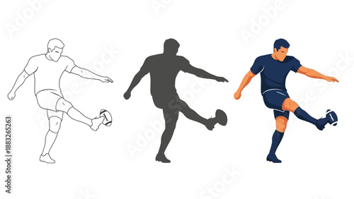 Collection of three distinct stylized illustrations depicting a male athlete executing a powerful kick on an oval shaped rugby or american football against a white backdrop