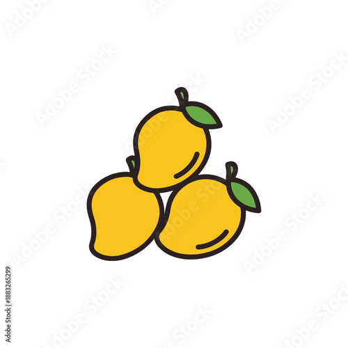 Three lemons with green leaves.