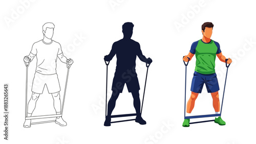 Set of three stylized illustrations showing a man performing lower body resistance band exercises depicting line art silhouette and full color versions