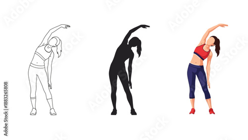 Collection of three distinct visual representations showing a female athlete performing a side bend stretch essential for core flexibility and warm up routines