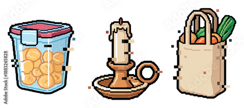 Pixel art of jar, candle, and grocery bag with vegetables. Not editable stroke