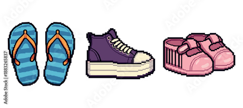 Colorful pixel art footwear: flip-flops, sneakers, pink shoes. Not editable stroke