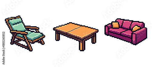 Pixel art furniture set with chair, table, and sofa in vintage style. Not editable stroke