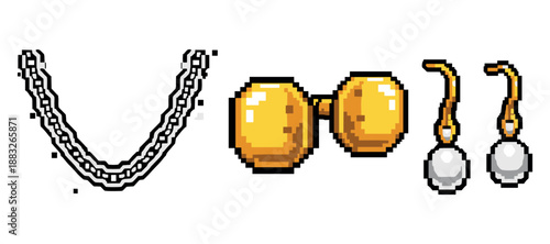 Pixel art jewelry collection: chain, gold dumbbells, and pearl earrings. Not editable stroke
