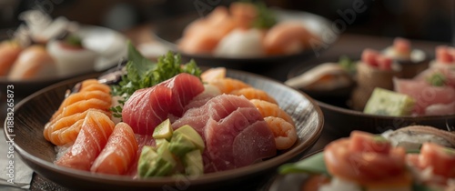 Assorted sushi featuring ra...