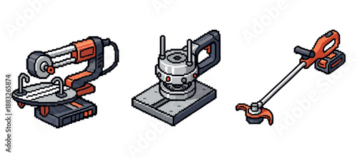 Pixel art power tools: jig saw, router, trimmer illustration. Not editable stroke