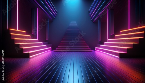 empty square room with abstract dark background with glowing lines and neon light in the shape of stairs on black floor