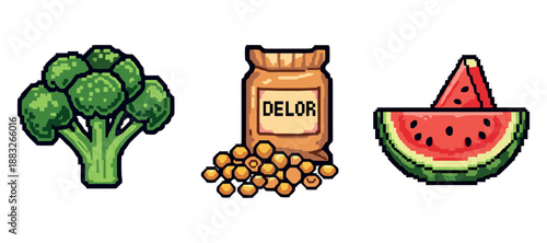 Pixel art vegetables and fruits: broccoli, corn, watermelon. Not editable stroke