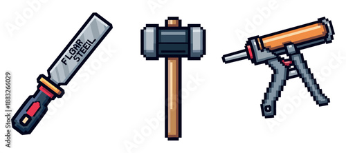 Pixel art tools: file, hammer, caulking gun in retro style. Not editable stroke