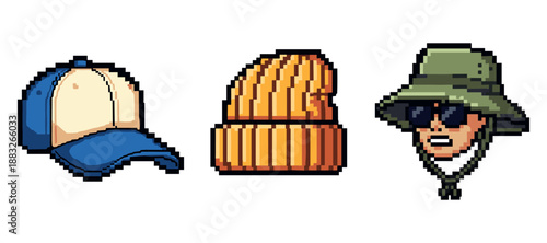 Pixel art caps collection: baseball, beanie, bucket hat with sunglasses. Not editable stroke