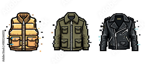 Pixel art jackets: puffer vest, military jacket, leather biker coat trio. Not editable stroke