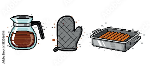 Pixel art: coffee pot, oven mitt, and baking tray with hot dogs. Not editable stroke