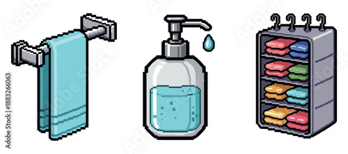 Pixel art bathroom essentials: towel, soap dispenser, and organizer. Not editable stroke