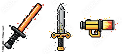 Pixel art weapons: sword and blaster in retro style. Not editable stroke