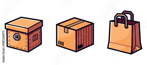 Icon set of isometric box, parcel, and shopping bag in orange tones. Not editable stroke