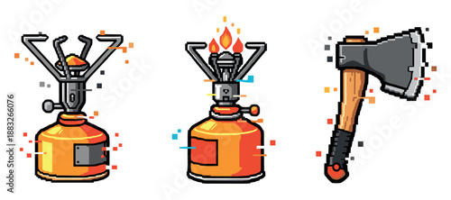 Pixel art camp stove and axe set with flaming burner. Not editable stroke