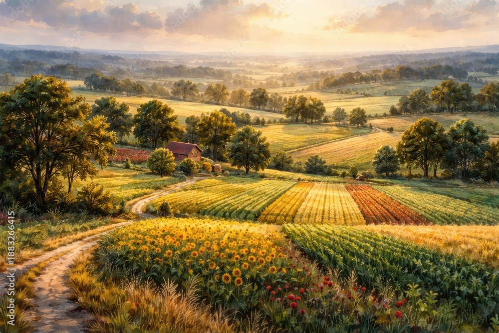 Fototapeta premium Watercolor artwork capturing a vibrant rural landscape with agricultural fields and trees