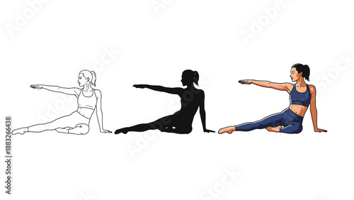 Set of three illustrations showing a woman performing a seated side stretch or pilates exercise variation demonstrating line art silhouette and full color styles