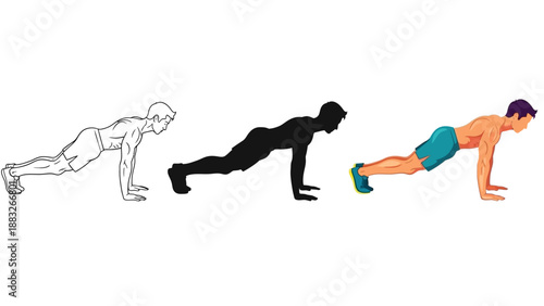 Collection of three distinct visual styles illustrating a muscular man performing the standard high plank position for effective bodyweight exercise and core strength training development