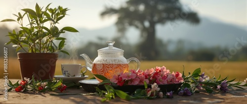 Wooden table with teapot, c...