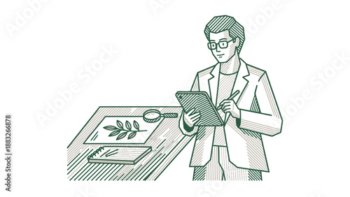 Botanist meticulously examining plant specimen with magnifying glass and notepad for scientific research.