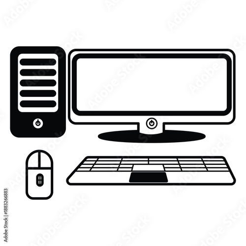 Monitor system unit and keyboard. Isolated on a white background