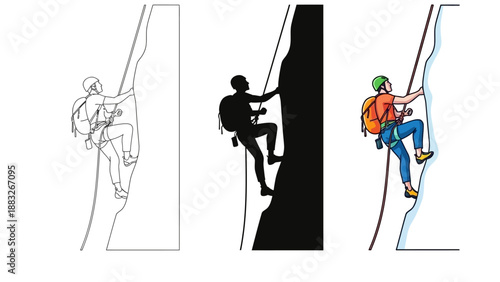 Collection of three different artistic styles illustrating a rock climber ascending a sheer cliff face using ropes and safety gear