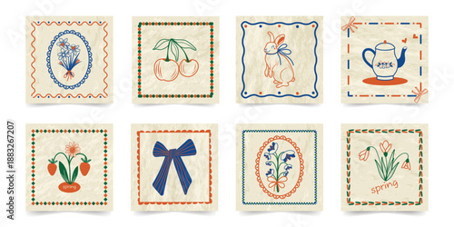 A set of vintage, textured, spring-themed hand-drawn ink postcards. Frames with ribbons and bows, berries, flowers, and rabbits. Minimalist posters with flirty scribbles. Vector design.