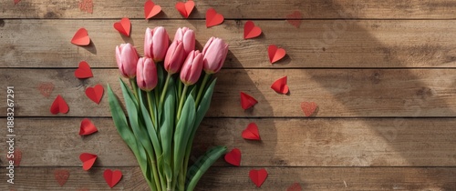Charming pink tulips with red paper hearts on wooden background, top-down view