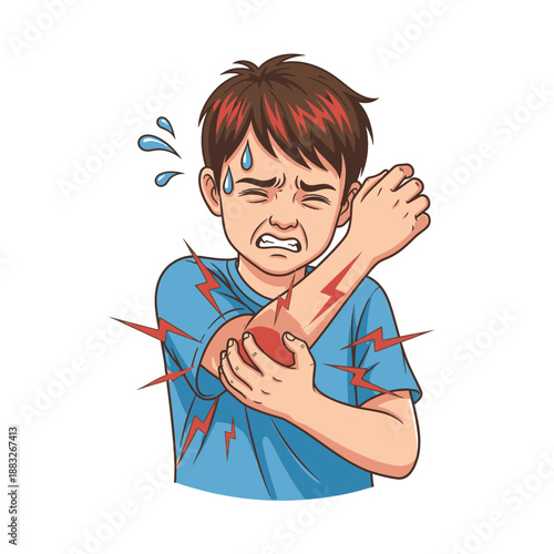 Boy experiencing intense pain in his arm, showing clear signs of distress and discomfort.