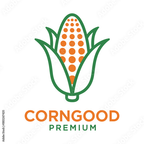 Corn on the cob with green leaves and orange kernels logo design icon
