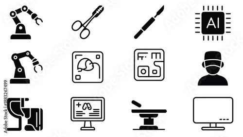 A collection of black and white icons representing technology and innovation concepts