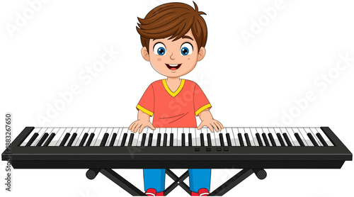 Happy Cartoon Boy Character Wearing a Red T-Shirt and Blue Pants Playing a Black Electronic Piano Keyboard for Music Education