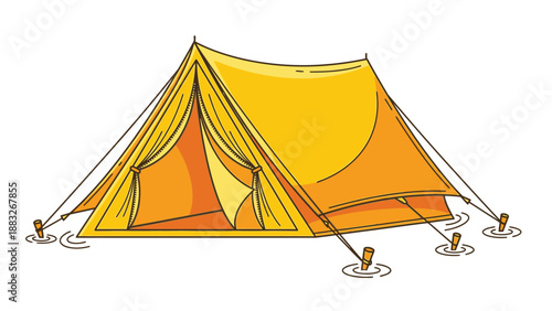 Bright yellow camping tent pitched outdoors for a fun adventure and outdoor recreation.