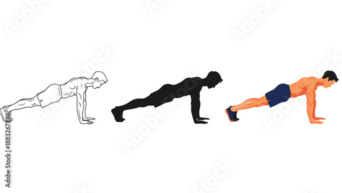 Variations of a muscular man performing the standard high plank position for strength training and core stability illustrated through outline silhouette and full color vector art