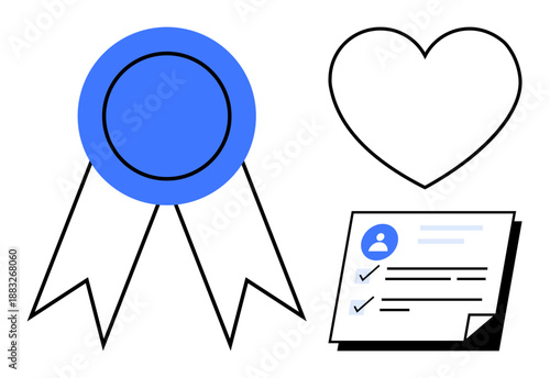 Blue award ribbon, outlined heart shape, and document with checkmarks symbolize achievement, recognition, validation, love, and personal record. Ideal for success, reward excellence approval