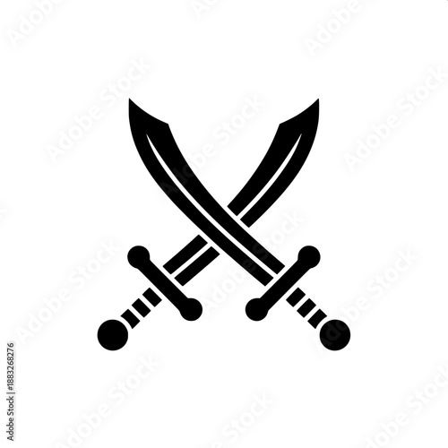 “Two identical curved swords crossing, black solid silhouette, minimalist vector icon, high contrast”
