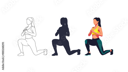 Collection of three distinct stylized illustrations showing a fit woman performing a stationary lunge exercise focusing on leg strength and core stability for fitness routines