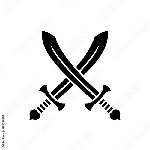 “Two identical curved swords crossing, black solid silhouette, minimalist vector icon, high contrast”