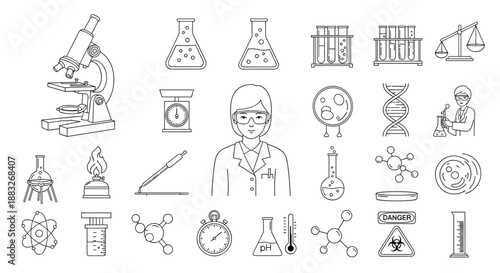 Science laboratory equipment vector illustration, scientist, beakers, microscope, chemical experiment, research, and analysis