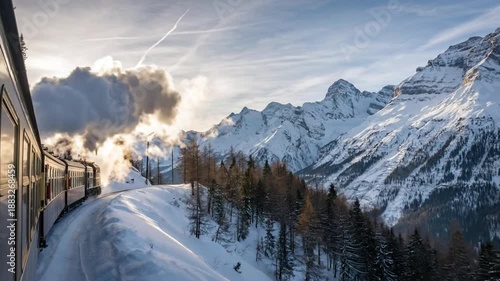 Classic train journeying through majestic snow-covered alpine mountains, steam rising against towering peaks under a golden winter sky