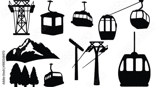A collection of black silhouettes depicting a ski lift and mountain scenery.