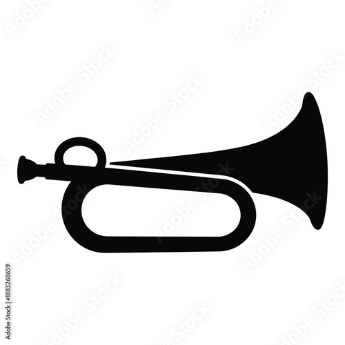 a simple black silhouette illustration of a classic brass trumpet instrument